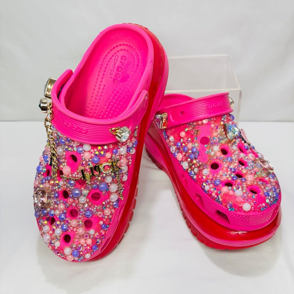 CROCS Pink Rhinestone Bejeweled Platform Mules - Picture 6 of 9